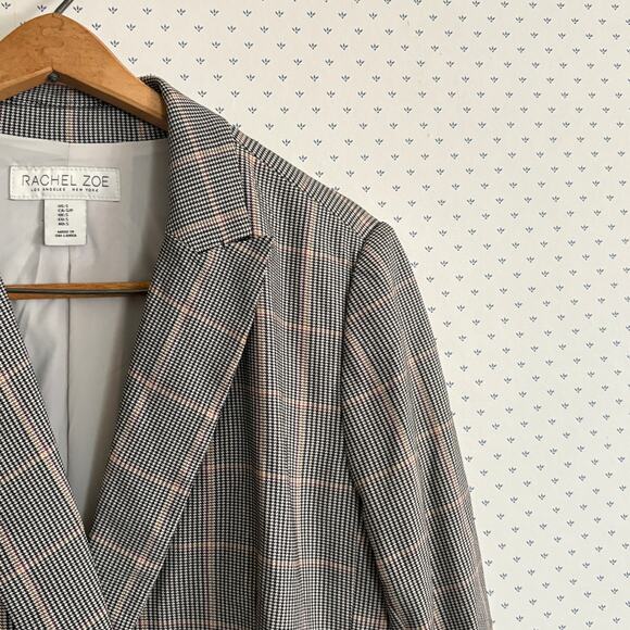 Rachel Zoe Houndstooth Blazer S Black Burgundy Jacket Academia Double Breasted - Picture 7 of 7